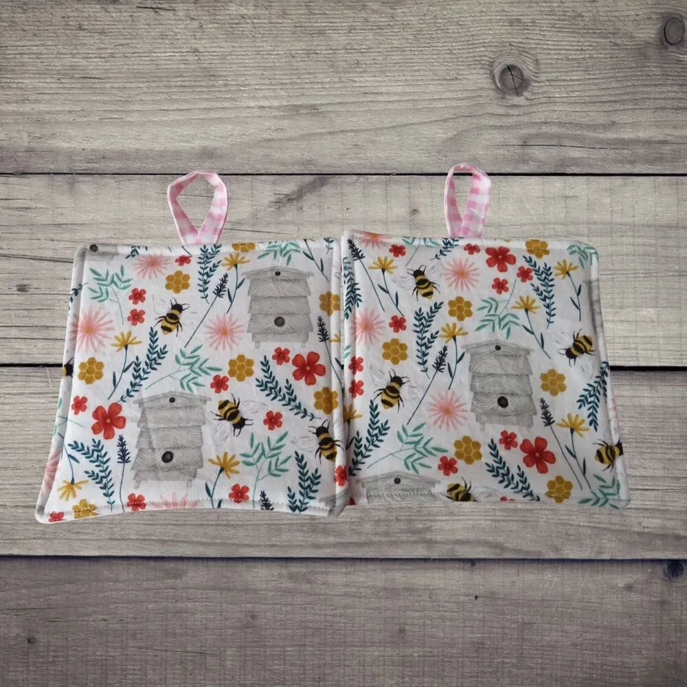 Handmade Potholder, Set of 2, Reversible Bee and Pink Gingham Hot Pads